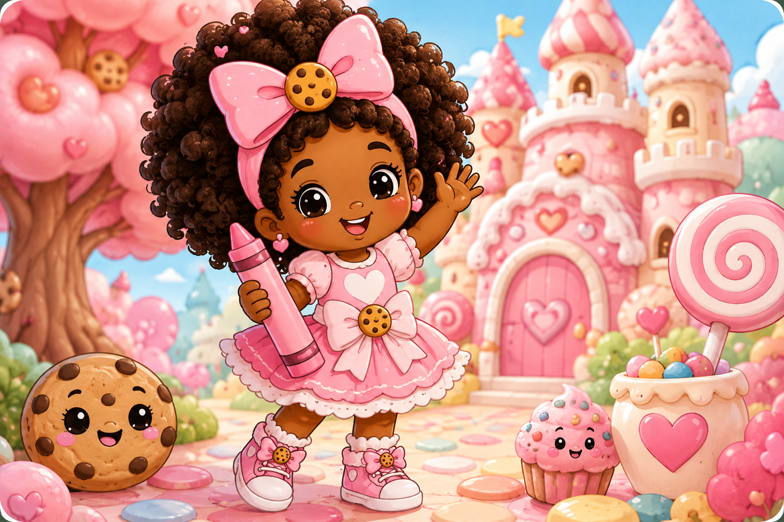 Cartoon girl with curly hair in a pink dress, holding a crayon, in a colorful candy land with pink castle, cookies, cupcakes, and lollipop, all animated and cheerful.