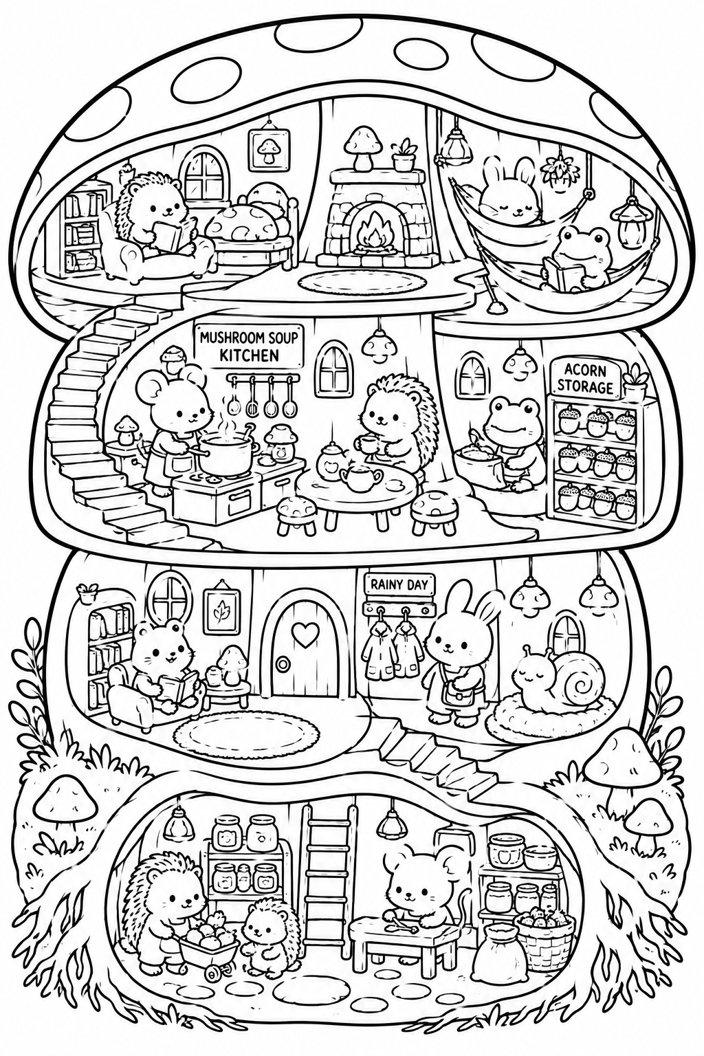 A cross-section of a whimsical, multi-story animal home with various rooms showing animals engaging in different activities. The top floor has a cozy living room with a lion reading, and a hammock with a rabbit and a frog. The middle floor features a kitchen with a mouse cooking, a storage room with jars, and a dining area with a hedgehog. The bottom floor includes a bedroom with a mouse reading, an outdoor area with a rabbit and snail, and a cellar with animals gathering and working together.