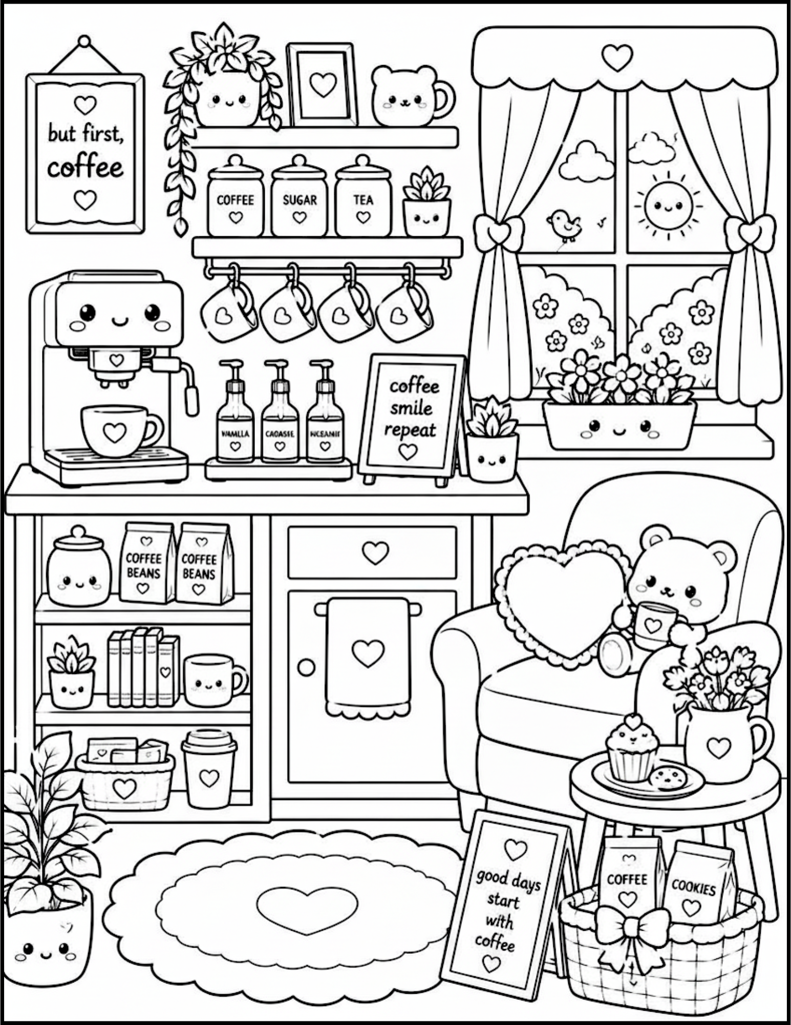 Black and white coloring page of a cozy coffee corner with cute cartoon animals, plants, shelves with coffee jars, mugs, framed pictures, signs with inspirational quotes, and a window showing a sunny sky with clouds, a bird, and flower-filled outside