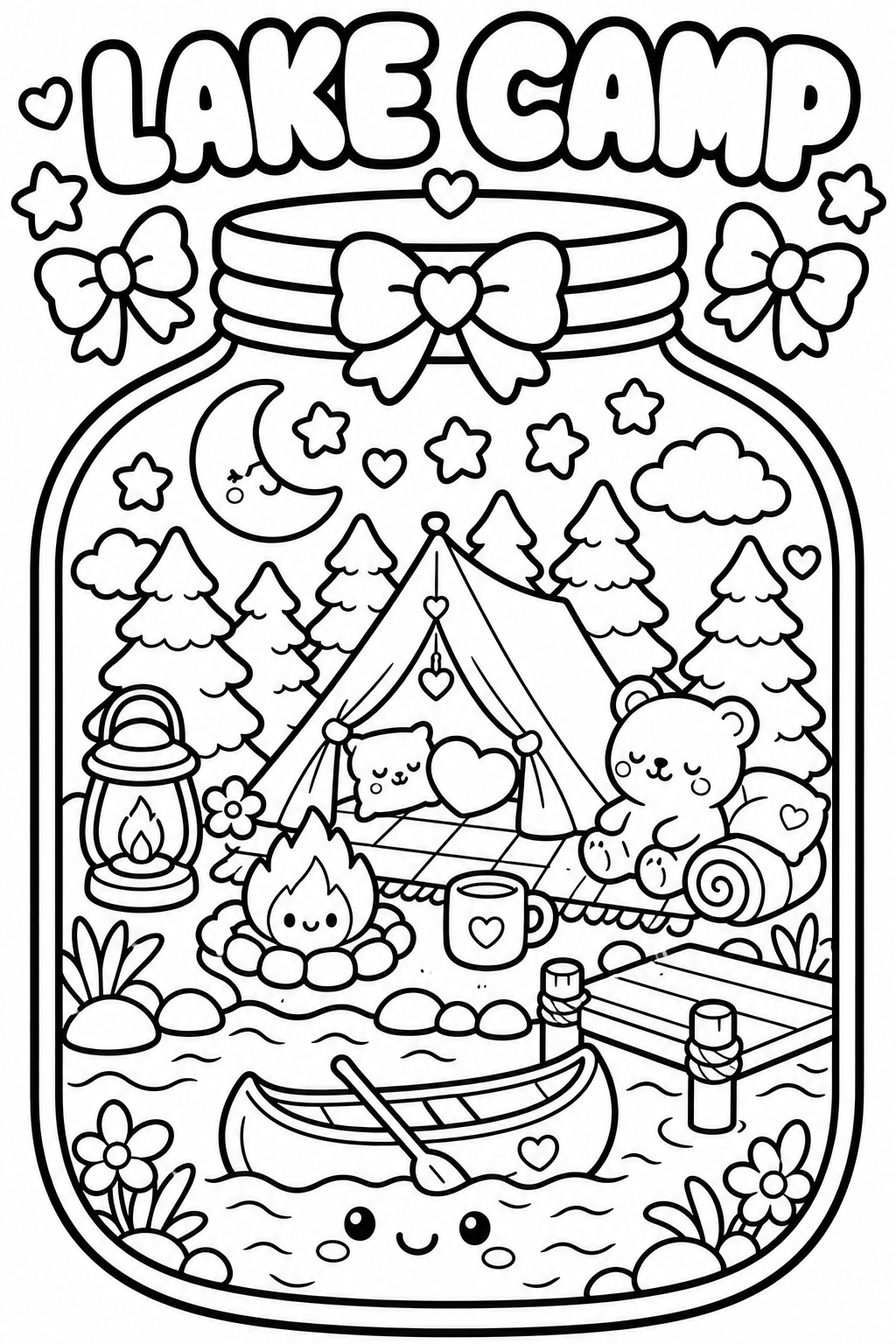 Black and white coloring page of a lake camp scene with tent, trees, moon, stars, clouds, campfire, mug, canoe, and cute animals like a bear and a cat, surrounded by hearts, bows, and decorative elements.