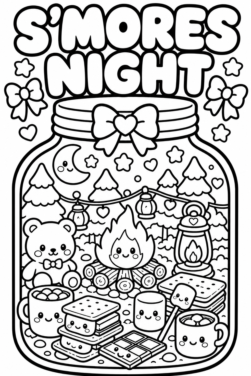 Coloring page for S'mores Night, featuring a jar with a bow at the top, a cute bear, marshmallows, graham crackers, a fire with a smiling flame, a lantern, a mug with marshmallows, and other festive decorations like stars, hearts, trees, and a moon.