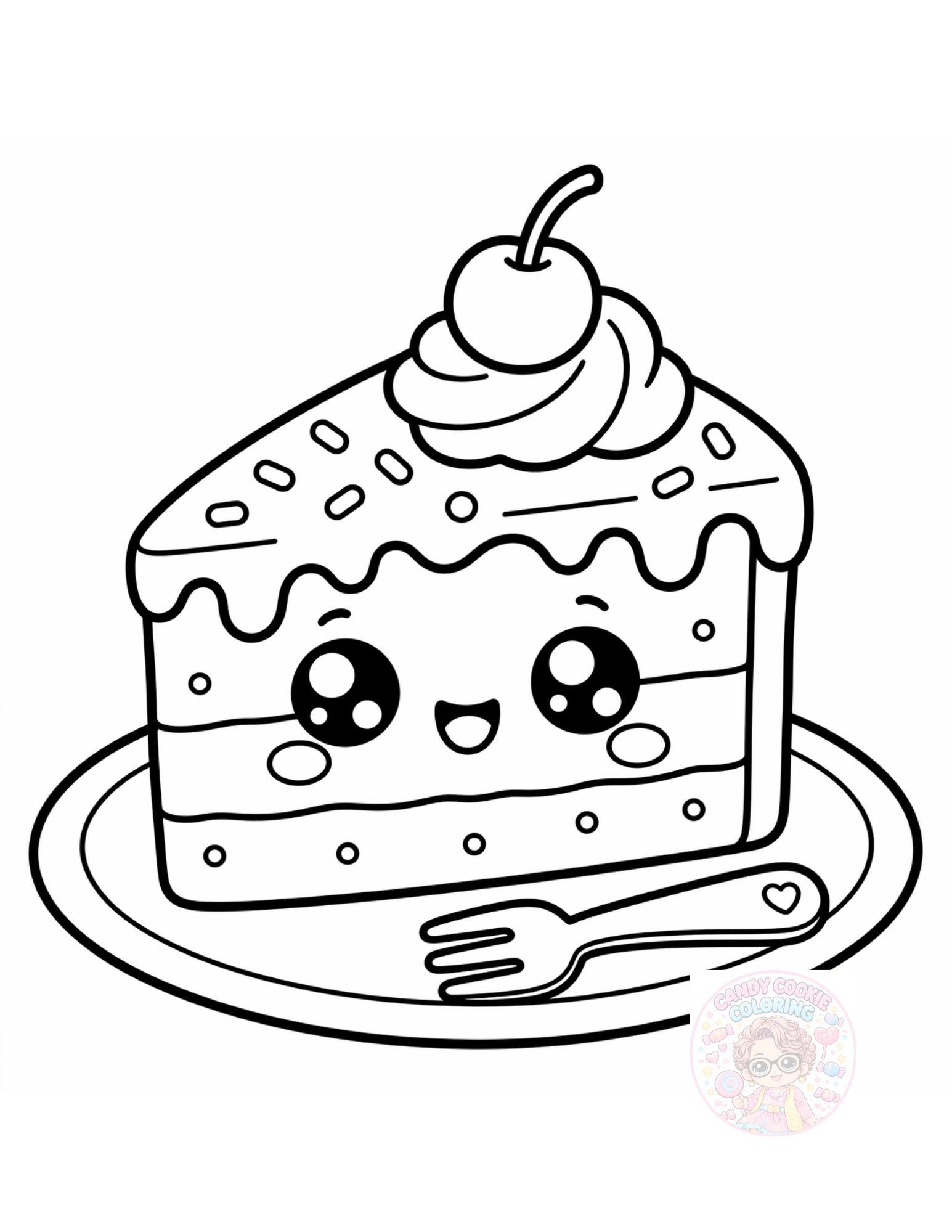 Line drawing of a slice of cake with a happy face, topped with whipped cream, a cherry, and a straw, placed on a plate with a spoon beside it.