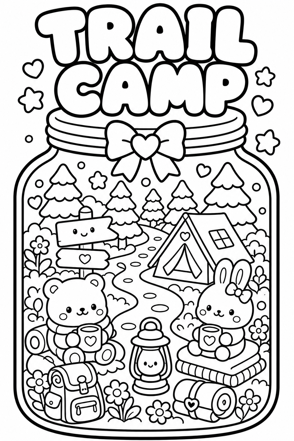 Black and white illustration of a camping scene with cute animals, tents, trees, and decorative hearts and stars, titled 'Trail Camp' at the top.