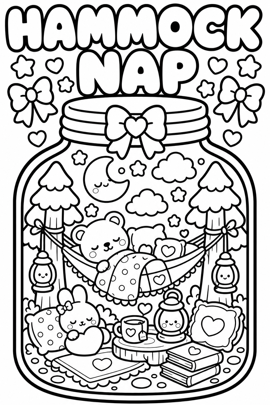 A black and white coloring page featuring a cozy scene with cats and a bear sleeping in a hammock inside a jar, surrounded by trees, clouds, stars, and a crescent moon with a face. The scene is decorated with hearts, bows, lanterns, a mug, books, and