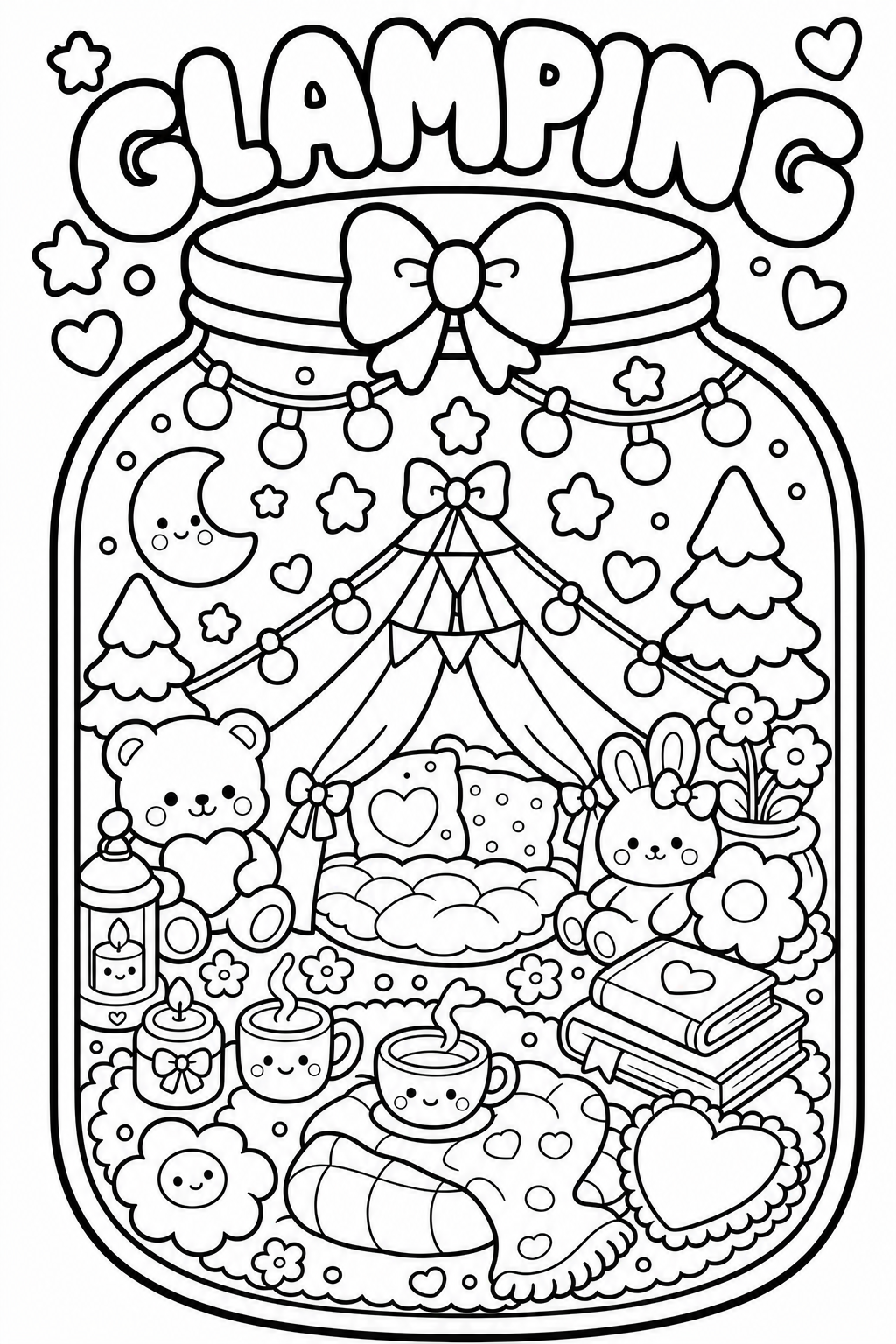 A coloring page featuring a cozy, whimsical scene with the words 'Glamping' at the top. Inside a decorated tent with a bow, there are stars, hearts, trees, a moon, and clouds in the sky. Inside the tent, there are pillows, a teddy bear, a bunny, and 