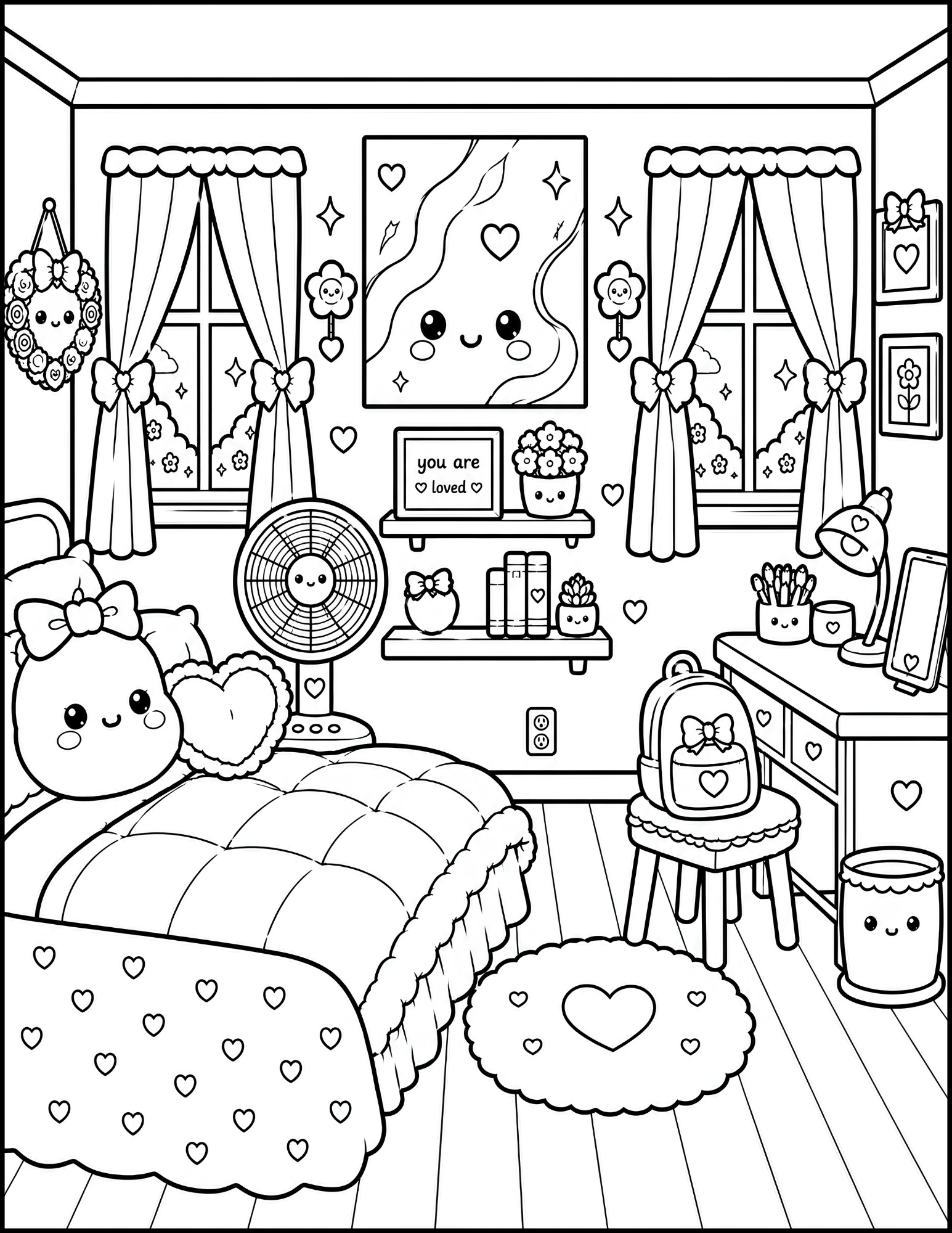 A black-and-white line drawing of a bedroom with a bed, pillows, a fan, a rug, a nightstand with flowers and books, a backpack, a dresser with a lamp and plants, and framed pictures on the wall. The room is decorated with hearts, stars, and cute smil
