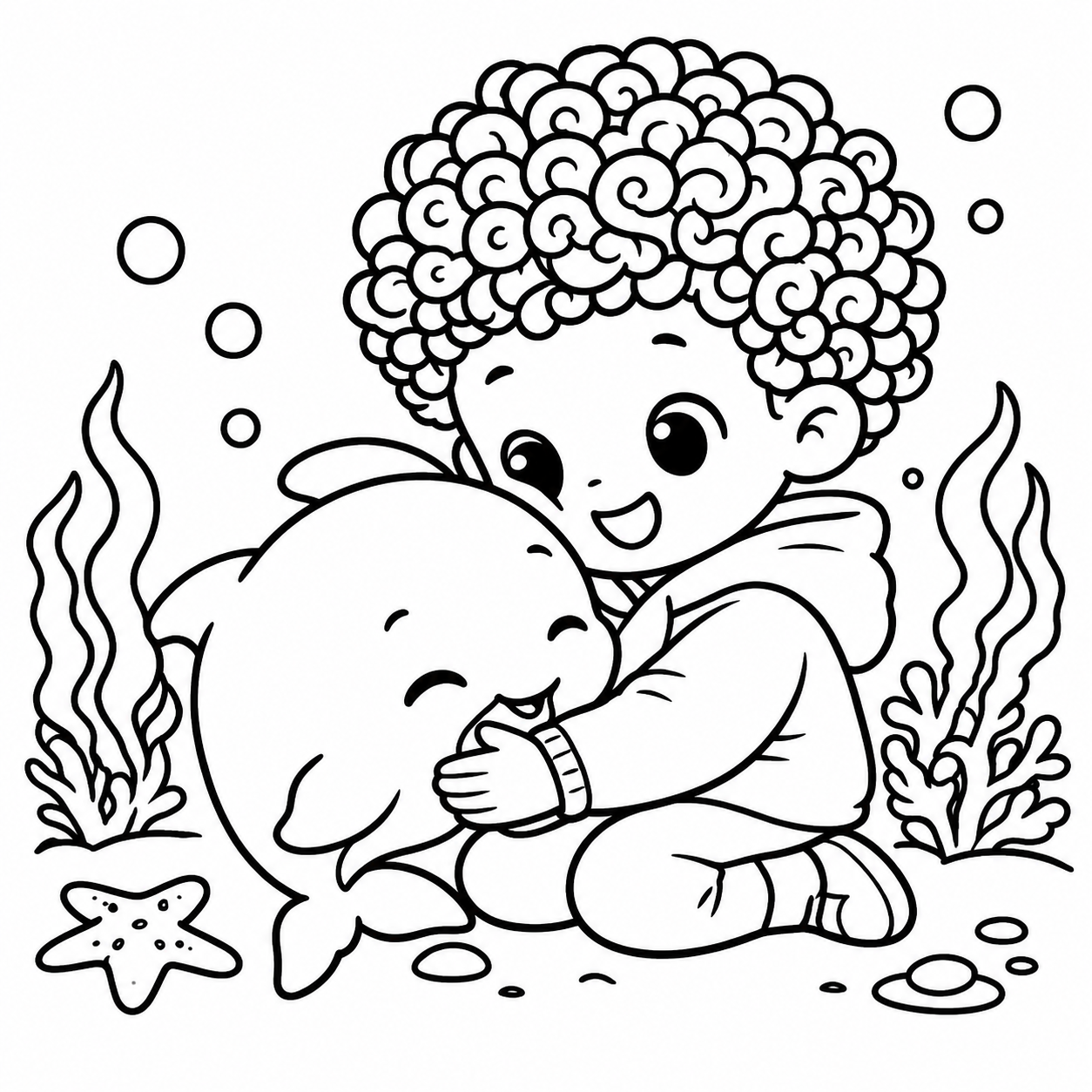 A black-and-white illustration of a joyful child with curly hair hugging a happy dolphin in an underwater setting with seaweed, bubbles, and a starfish.