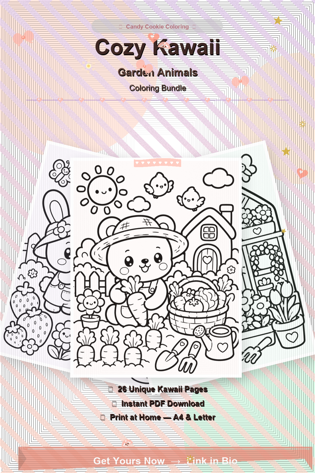 Black and white coloring pages featuring garden animals and plants with a cheerful bear holding a carrot, a rabbit, a butterfly, strawberries, pumpkin, flowers, a garden house, and gardening tools.