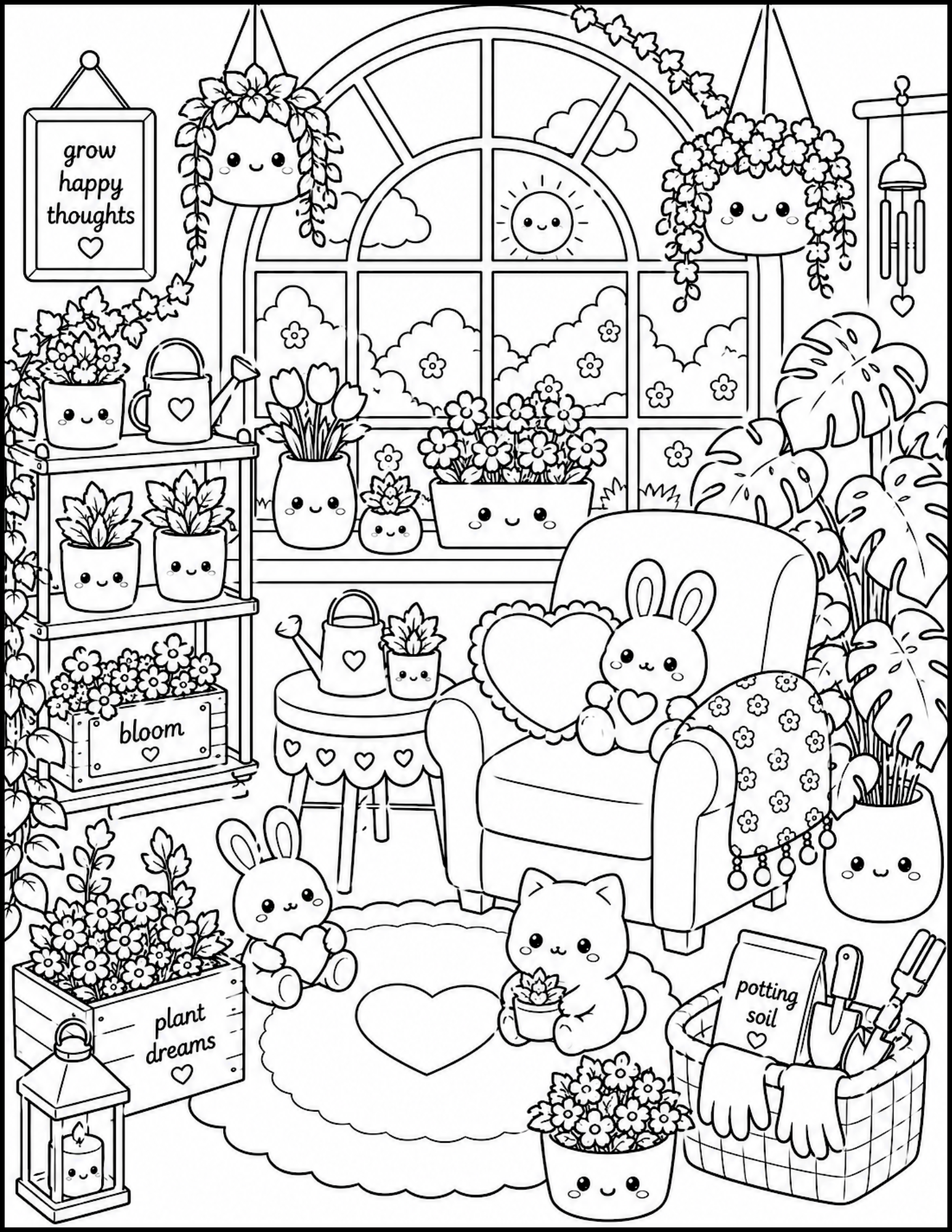 A black and white illustration of a cozy indoor garden space with smiling potted plants, watering cans, a bookshelf labeled 'plant dreams,' a cushioned chair with a bunny plush, and a large window showing clouds and the sun. Decor includes hanging si