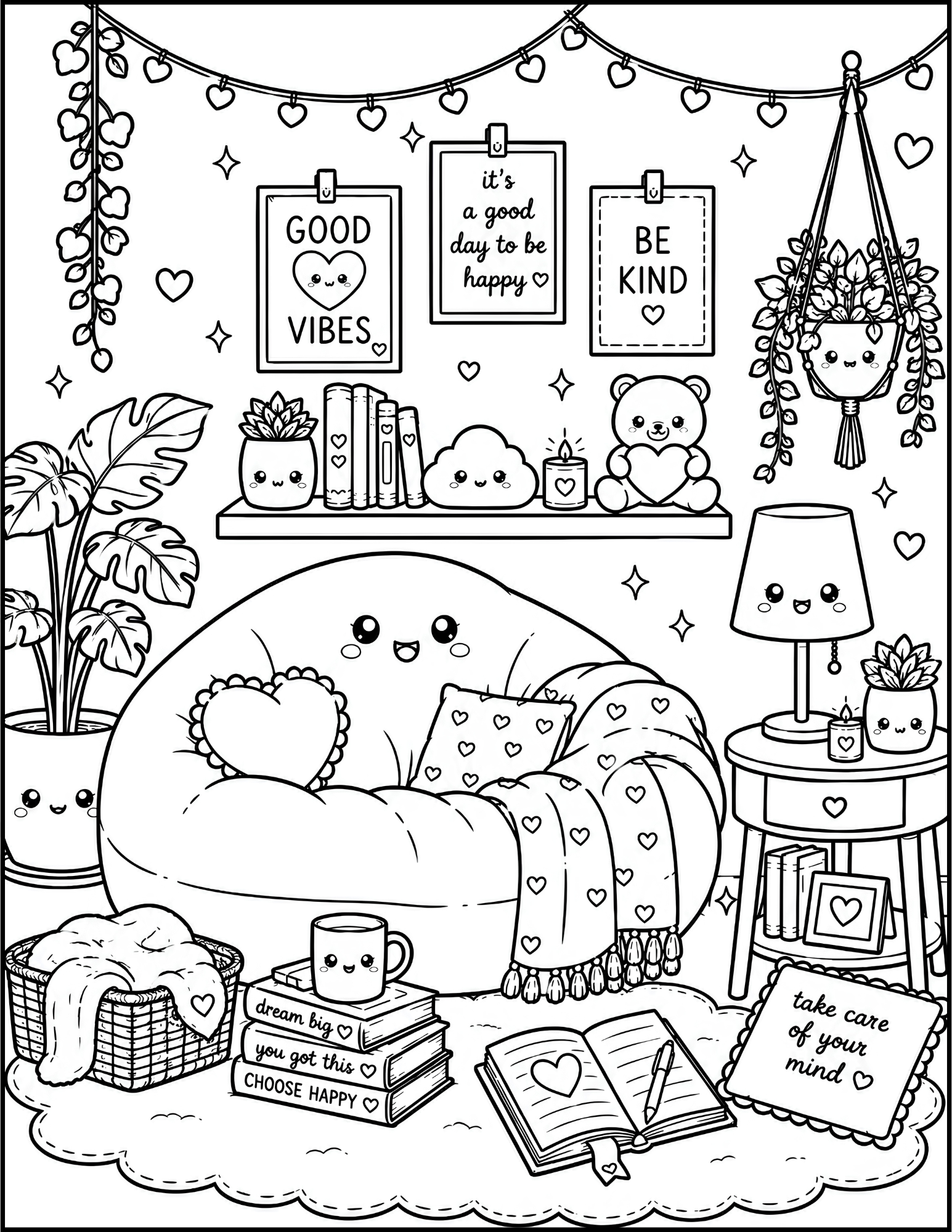 Black and white coloring sheet showing a cozy room with hanging hearts and inspirational signs. There are cute drawings of a plant, books, a cloud, teddy bear, and a heart pillow. The signs read 'good vibes,' 'it's a good day to be happy,' and 'be ki