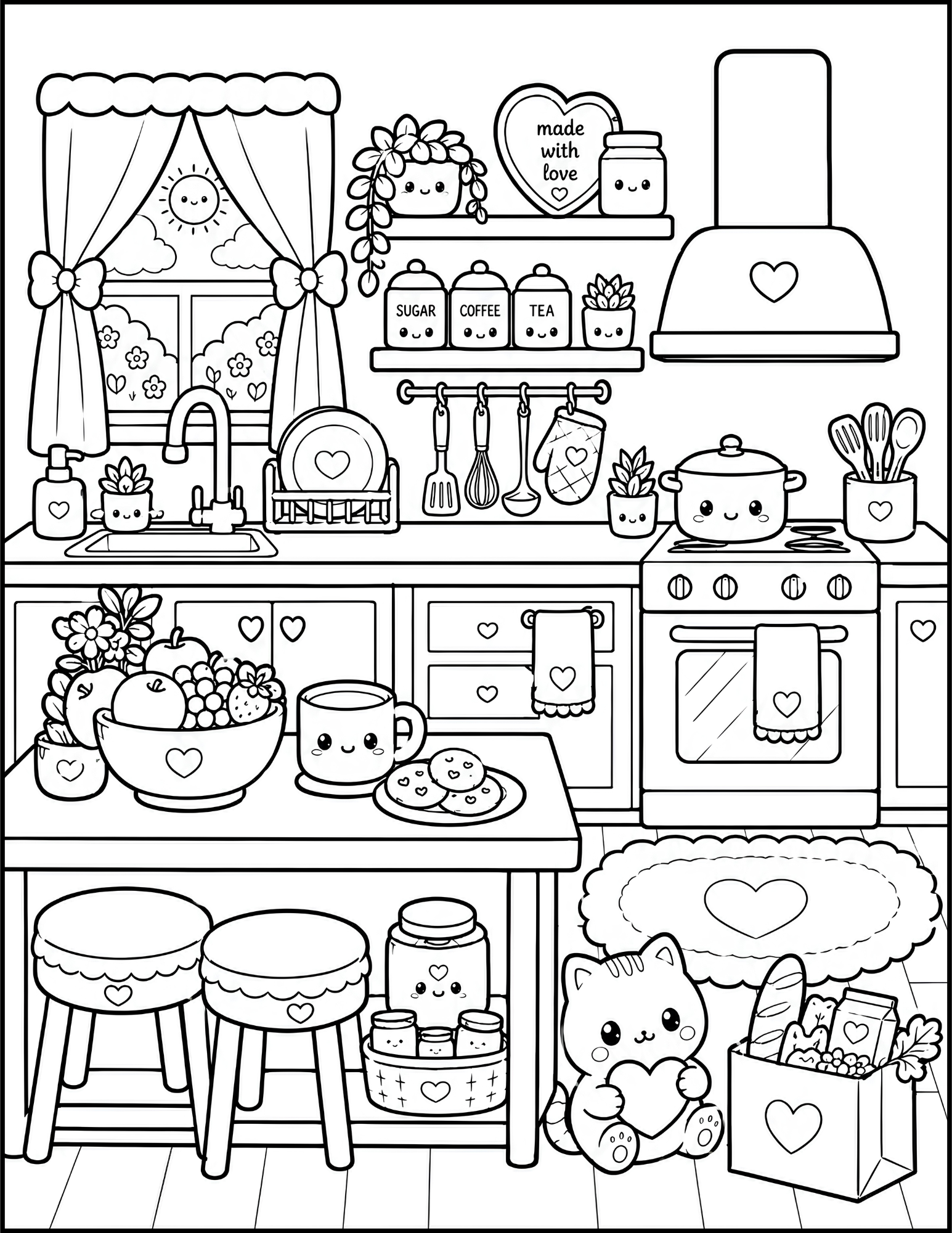 Black and white coloring page of a cozy kitchen with a large window, shelves filled with jars labeled sugar, coffee, and tea, a stove with a teapot and utensils, a kitchen counter with a bowl of fruit, a cute bear plush and gift bag, and a stuffed an