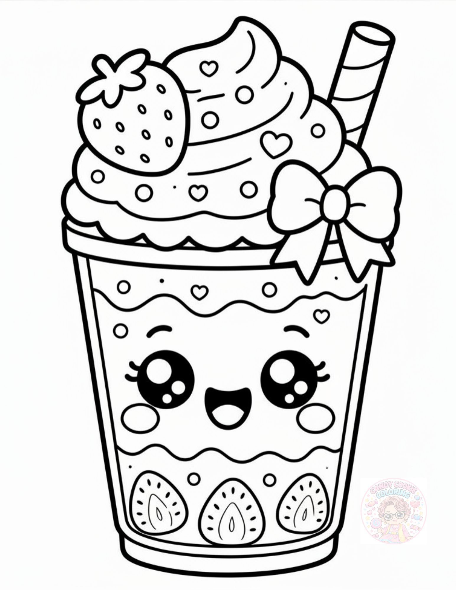 Black and white coloring page of a cute, cartoon-style drink cup with a smiling face, large eyes, and a bow on the side. The cup is decorated with strawberries, cherries, slices of lemon, and a striped straw.
