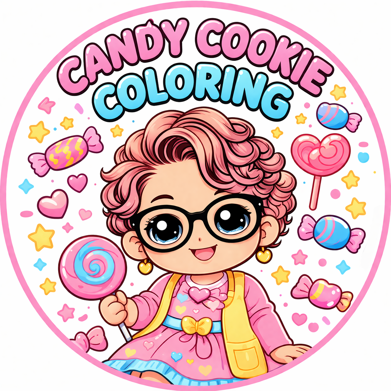 Colorful cartoon illustration of a girl with pink curly hair, glasses, and earrings, holding a swirled lollipop. The background includes candies, hearts, and stars. The text reads 'Candy Cookie Coloring'.