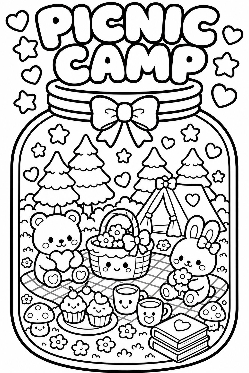A black and white coloring page titled 'Picnic Camp' and featuring a cute outdoor scene with trees, a tent, a bear holding a heart, a bunny holding a flower, a basket with flowers, cupcakes, coffee mugs, books, and decorative hearts and stars.