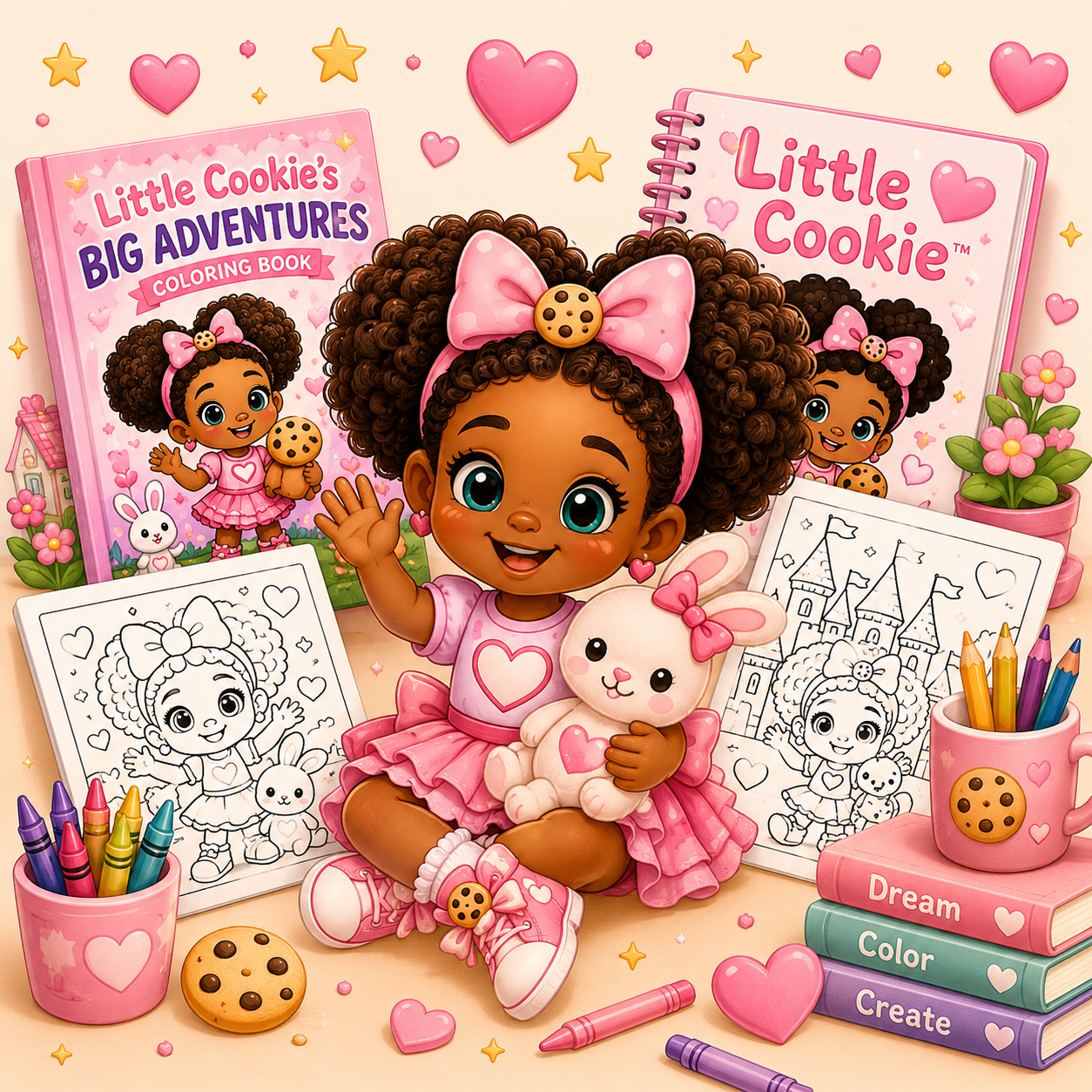Colorful illustration of a girl doll with big curly hair, pink bow, and a cookie on her head, sitting with a plush bunny in her lap, surrounded by coloring books, crayons, cookies, and hearts, with cartoon versions of her on the books and a castle drawing.
