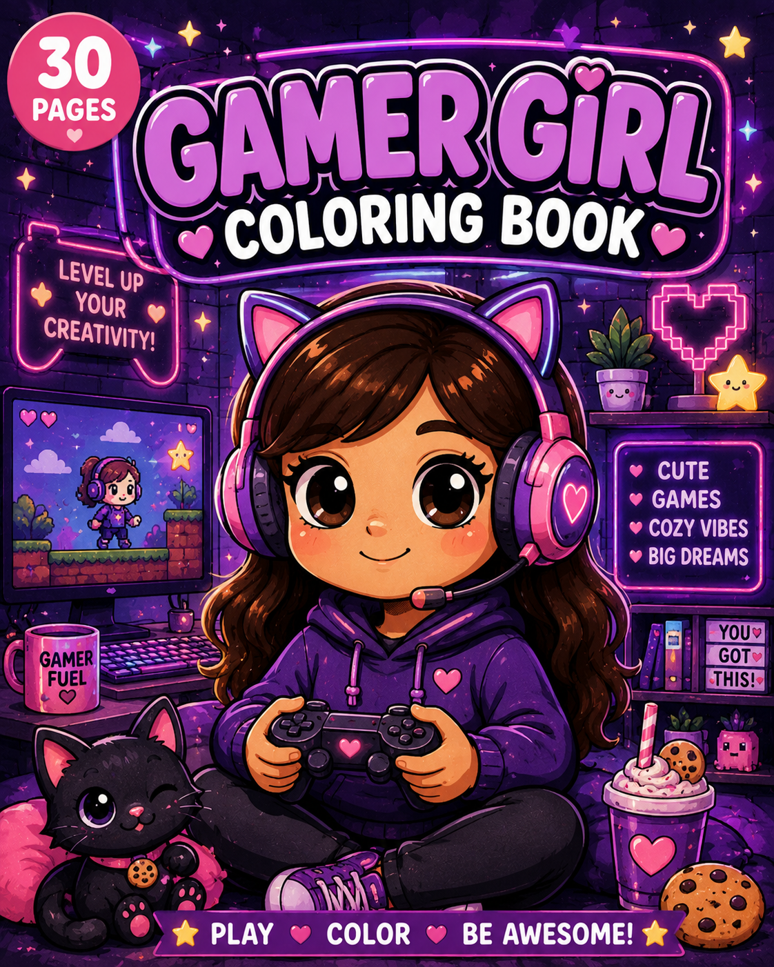 Colorful cover of a 'Gamer Girl Coloring Book' featuring a cartoon girl with headphones and a game controller, a black cat with cookies, and various gaming and friendship-themed decorations.
