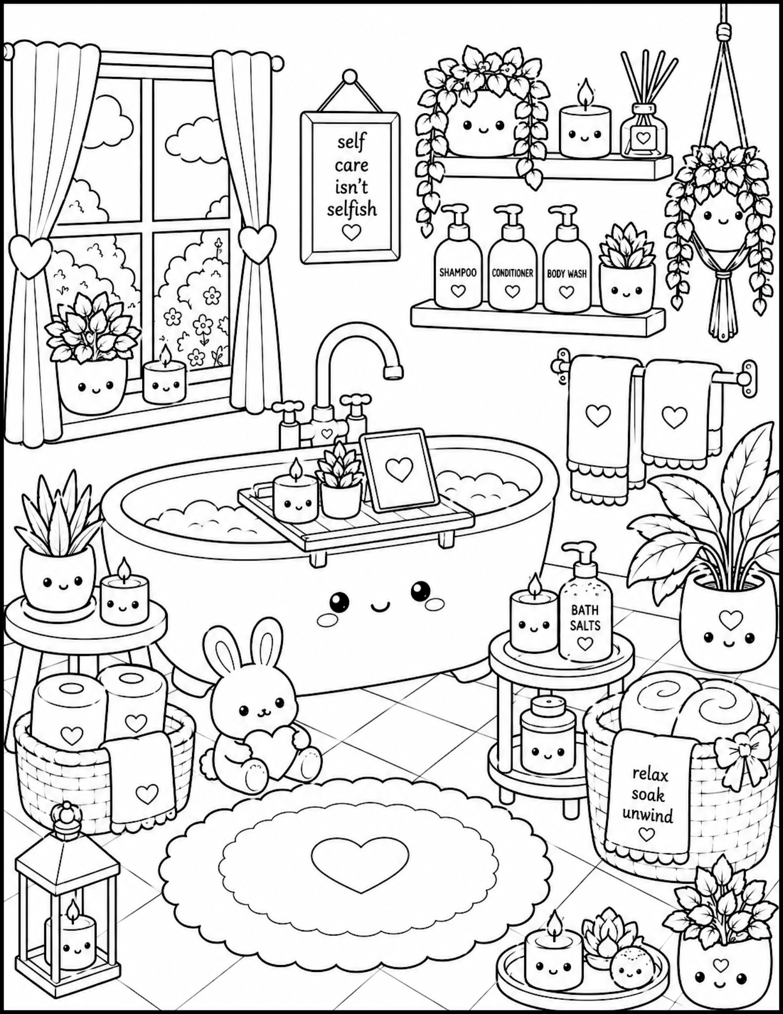 A black-and-white illustration of a cozy bathroom decorated with potted plants, candles, and self-care products. The scene includes a bathtub, a window with curtains, shelves with labeled bottles, and a towel rack. Cute cartoon-like characters, such 