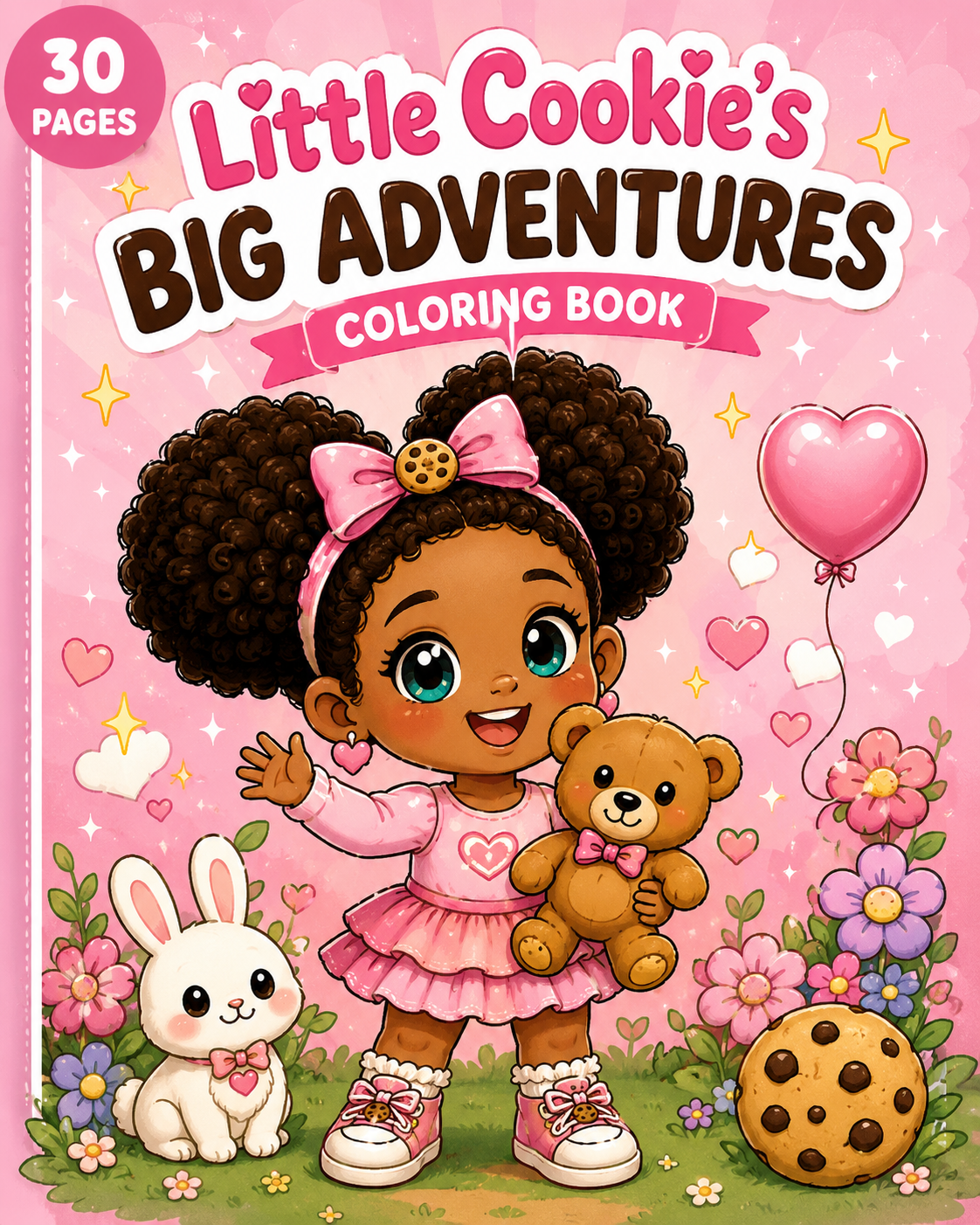 Cover of a pink-themed coloring book titled 'Little Cookie's Big Adventures' featuring a cartoon girl with large curly hair, a pink bow, and a dress, holding a teddy bear. She is surrounded by a rabbit, flowers, hearts, a balloon, and a cookie.