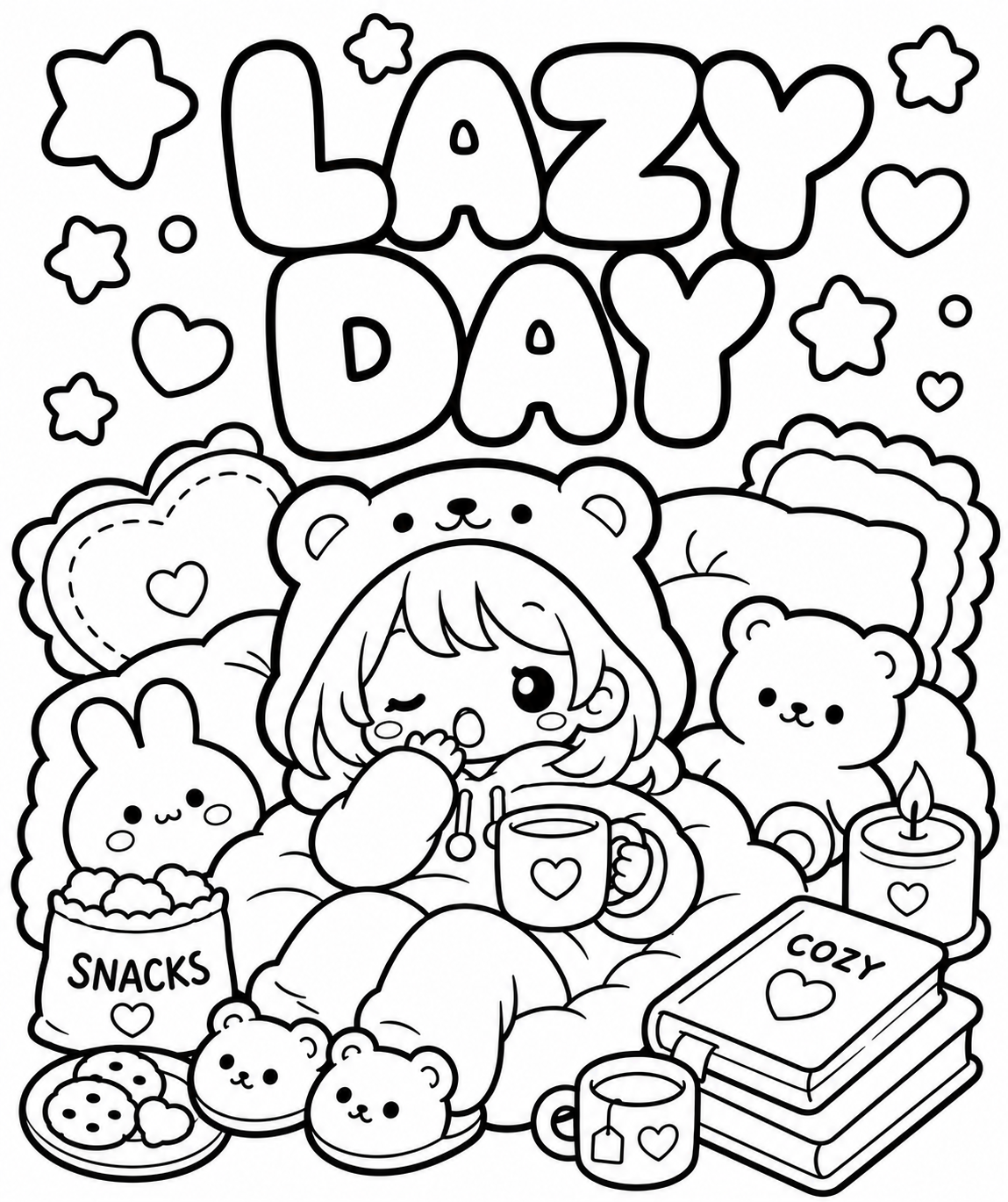 A coloring page with the words 'Lazy Day' in bold letters at the top, featuring a girl wearing a bear hoodie, surrounded by hearts, stars, stuffed animals, cookies, a snack bag, books labeled 'Cozy', a coffee mug, a candle, and a cup with a heart on it, all in a cute, cartoon style.