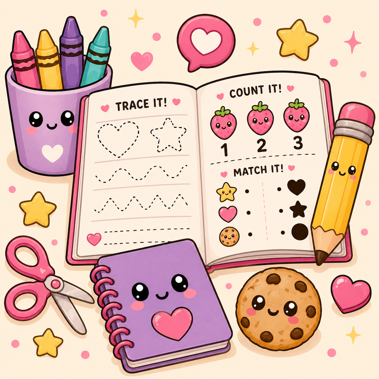 Colorful, cartoon-style stationery and snacks with cute faces, including crayons in a cup, a pencil, a notebook, a pair of scissors, an open activity book with drawing and counting exercises, a cookie, and various decorative stars, hearts, and dots.