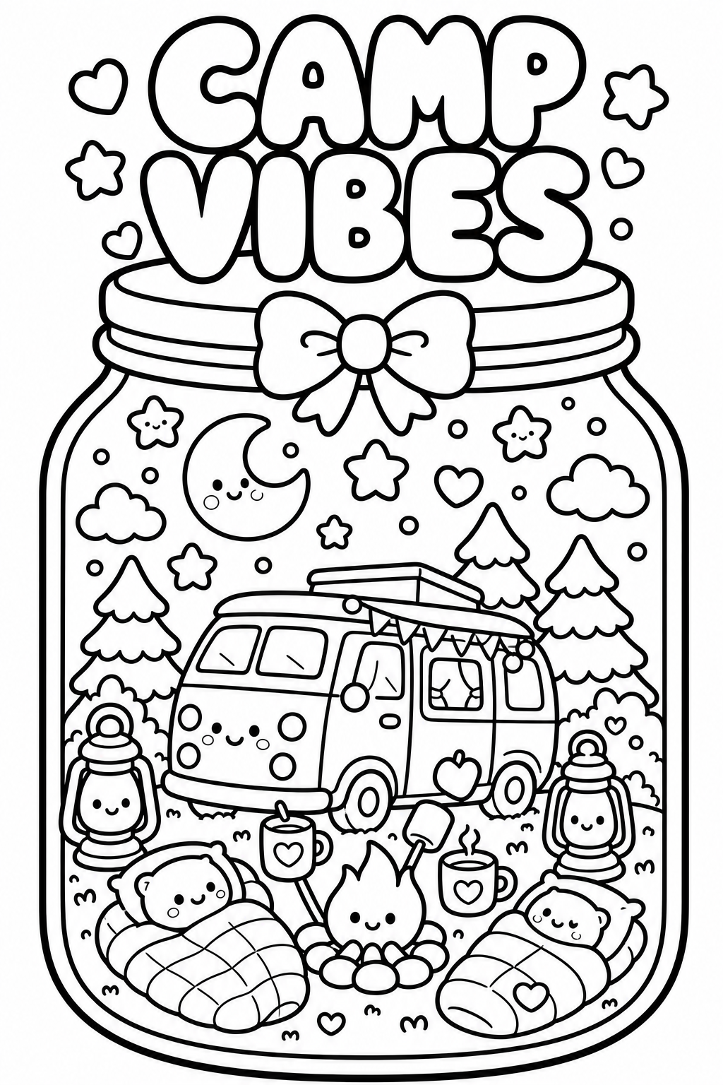 Coloring page with the words 'Camp Vibes' above a camping scene inside a jar. The scene includes a camper van, pine trees, a moon, stars, hearts, clouds, two sleeping bears wrapped in blankets, a campfire with a smiling flame, two mugs, and lanterns.