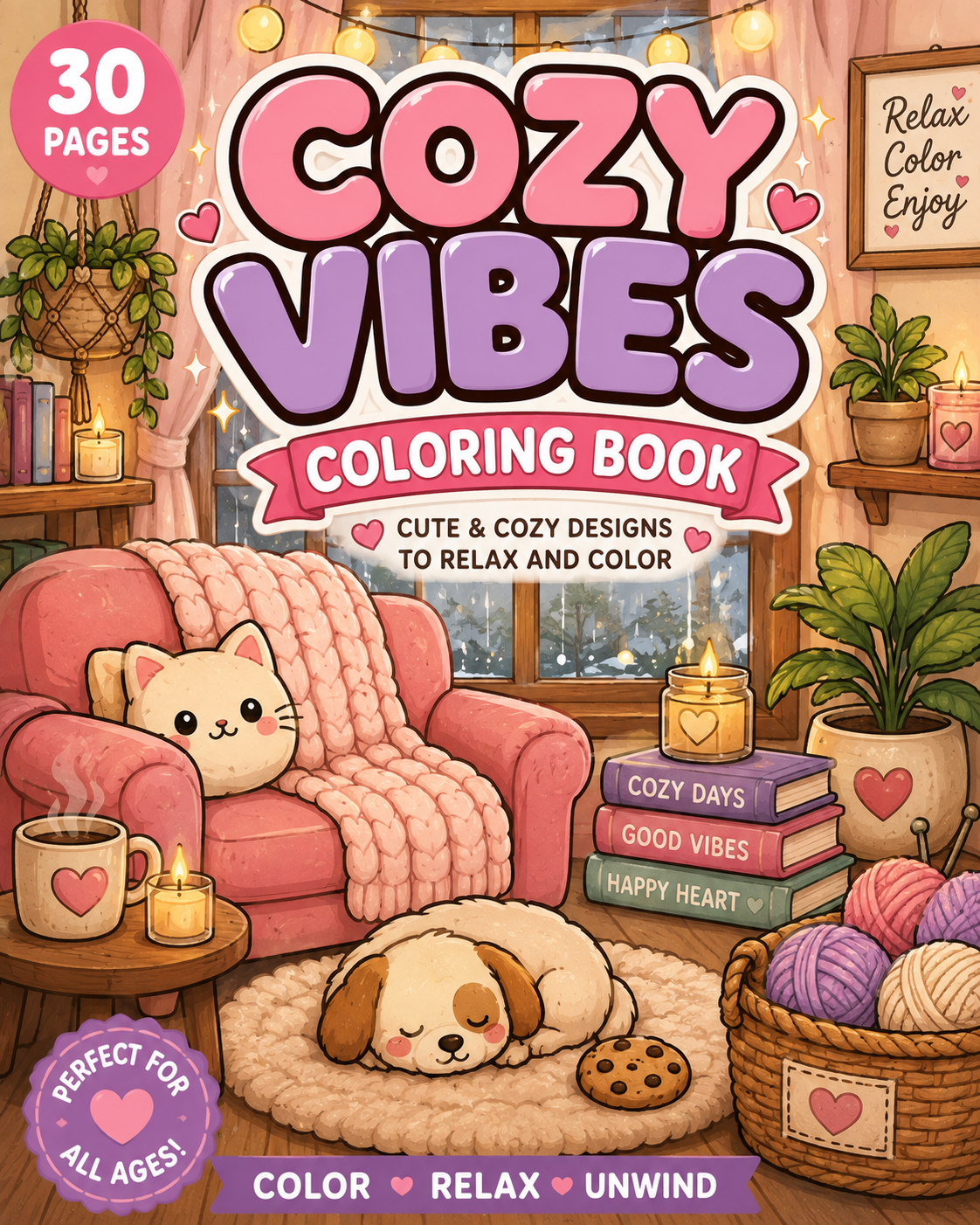 An illustrated cozy living room scene with a pink armchair, a puppy sleeping on a fluffy rug, and a cat-shaped pillow on the chair. The room has warm lighting, plants, candles, and a basket of yarn balls. There are books titled "Cozy Days," "Good Vibes," and "Happy Heart," and a window with snowy scenery outside. The large sign says "Cozy Vibes Coloring Book," with phrases encouraging relaxation, color, and unwinding.