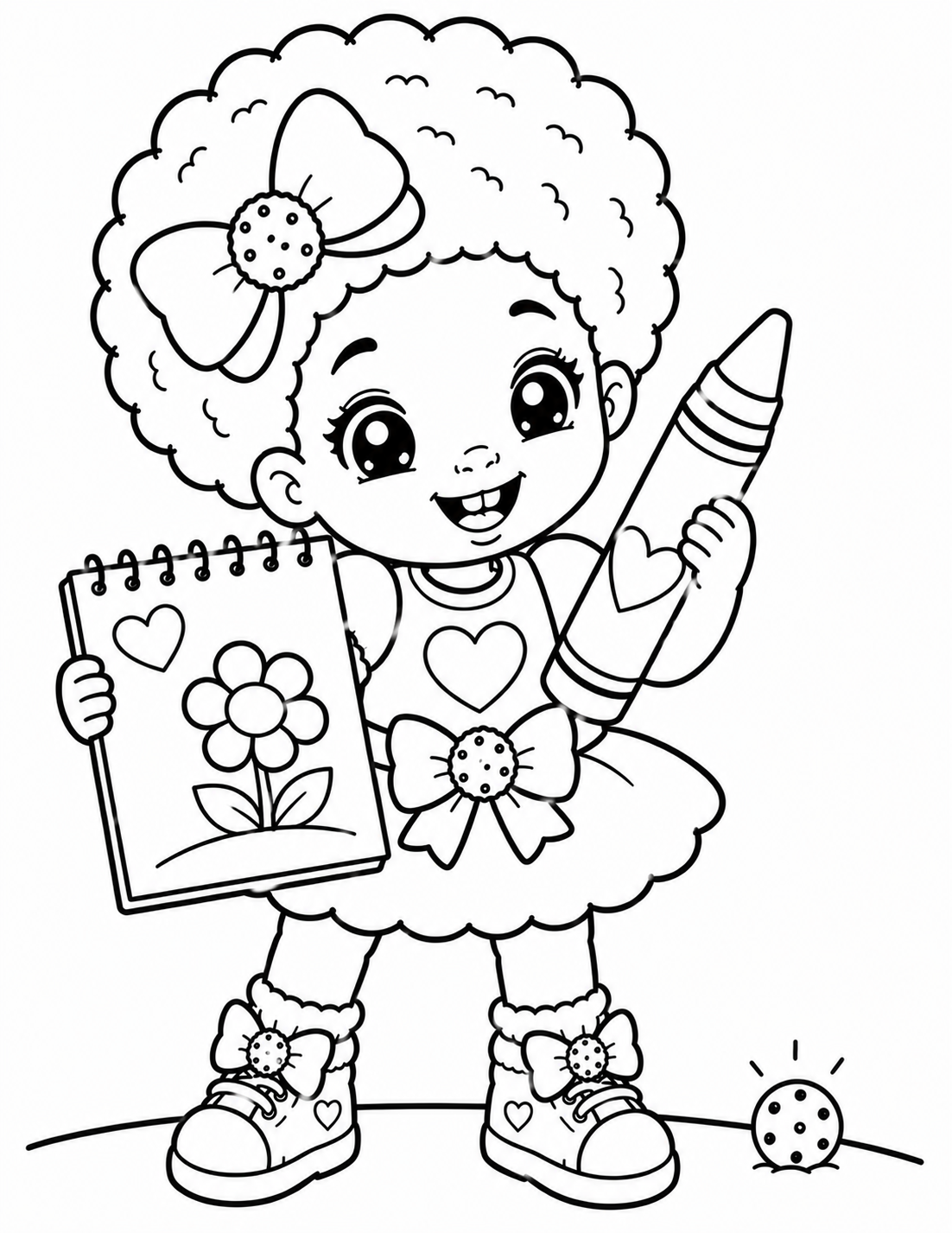 Black and white illustration of a happy young girl with big eyes and curly hair, wearing a dress with hearts, bow accessories, and boots, holding a large crayon and a sketchpad with a flower drawing, standing on a surface with a small round object nearby.