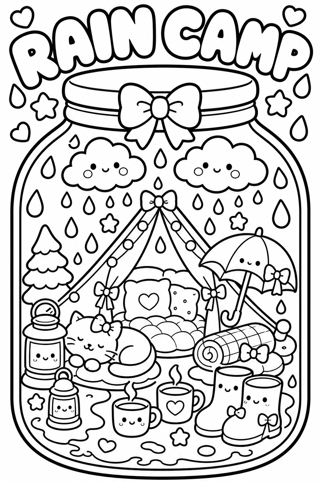 A cute, black-and-white drawing of a rain camp scene with smiling clouds, raindrops, a tent with bows, a sleeping cat with a bow, lanterns, cups, socks, a rolled blanket, an umbrella with a bow, and star and heart decorations, with the words 'Rain Ca
