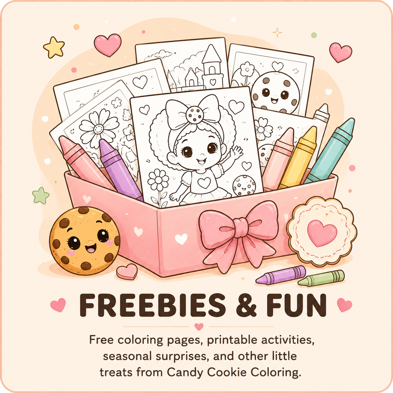 A pink box decorated with a bow containing coloring pages, crayons, a cookie, and stickers, with the words "Freebies & Fun" and a description of free printable activities from Candy Cookie Coloring.