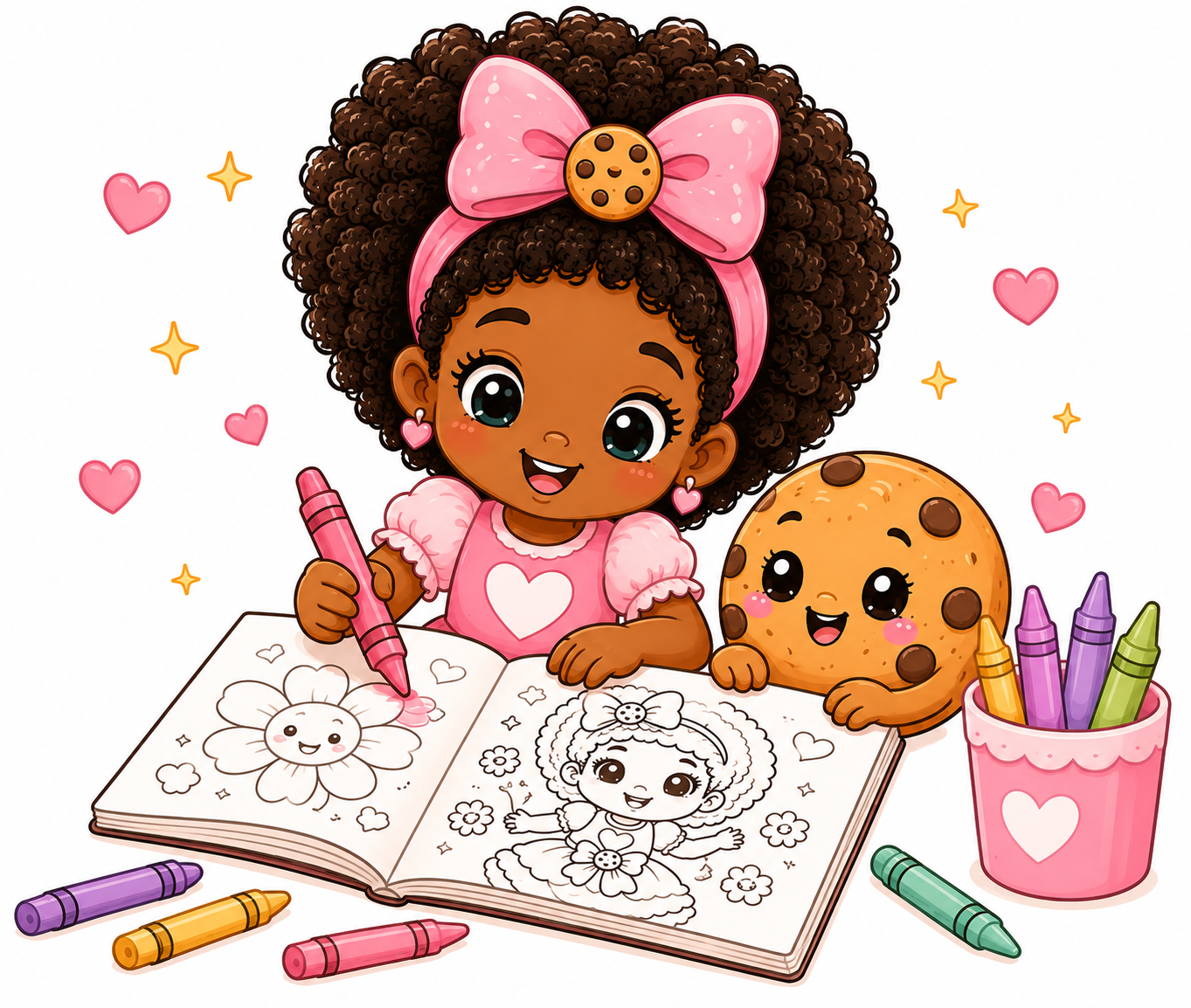 A cute cartoon girl with curly hair and a pink bow headband, sitting at a table, coloring in a drawing book with a pink crayon. She is surrounded by hearts, stars, and colorful crayons. A cheerful cookie character with chocolate chips looks on.