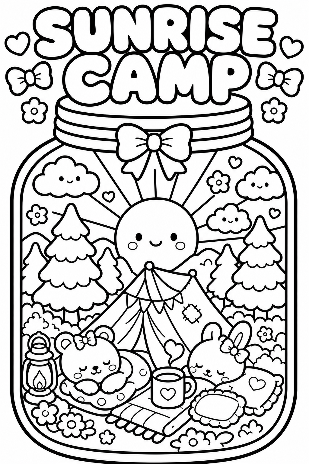 A black and white coloring page with a camping scene inside a jar, featuring a smiling sun, trees, clouds, a tent, two sleeping animals, a lantern, cup, and various flowers, with the text 'Sunrise Camp' at the top.