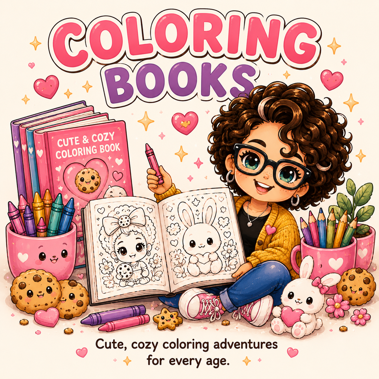 Coloring book cover titled "Cute & Cozy Coloring Book" with a girl holding a crayon and coloring a bunny picture, surrounded by coloring supplies, cookies, and stuffed bunny and heart toys, with the caption "Cute, cozy coloring adventures for every age."