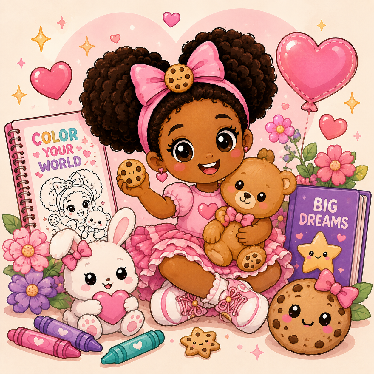 A cute cartoon girl with curly hair in pigtails, wearing a pink dress and bow, sitting among colorful flowers, holding a cookie and a teddy bear. Around her are hearts, a bunny holding a heart, crayons, cookies, and books titled 'Color Your World' and 'Big Dreams.'