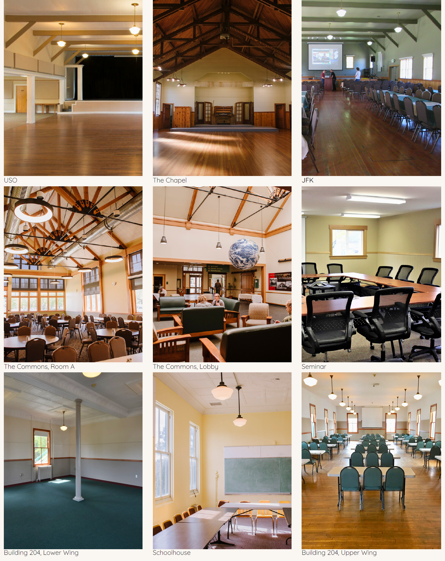 Collage of nine photos of different rooms in a building, including halls, classrooms, and meeting spaces.