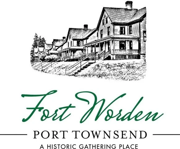Black and white illustration of a historic building with a porch and steps leading up. Below, the text reads "Fort Worden, Port Townsend, A Historic Gathering Place."