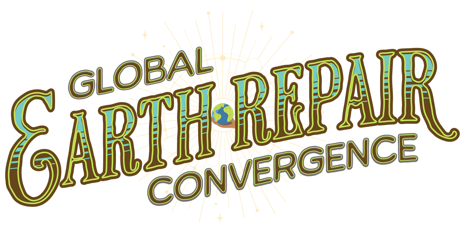 Design with text reading 'Global Earth Architecture Convergence' in colorful, illuminated style and a small globe between the words 'Earth' and 'Architecture'.