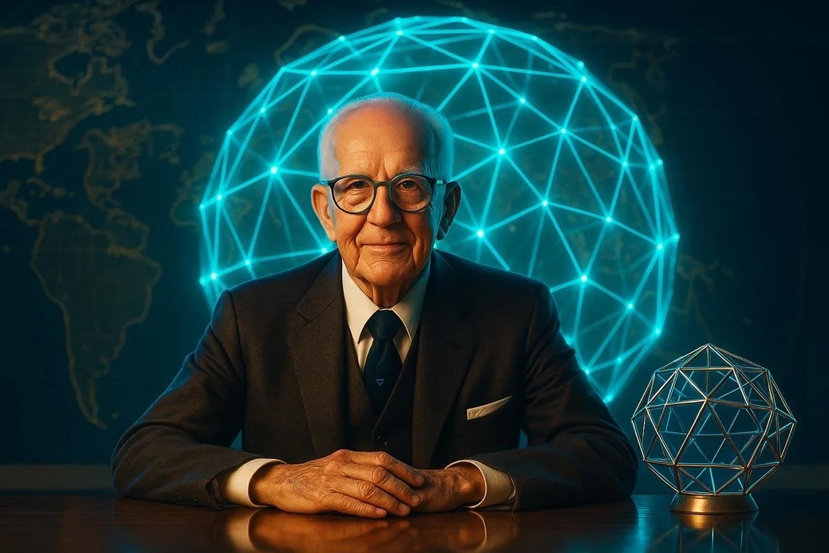 An elderly man in a suit and glasses sitting at a desk, with a glowing digital globe and network lines behind him.