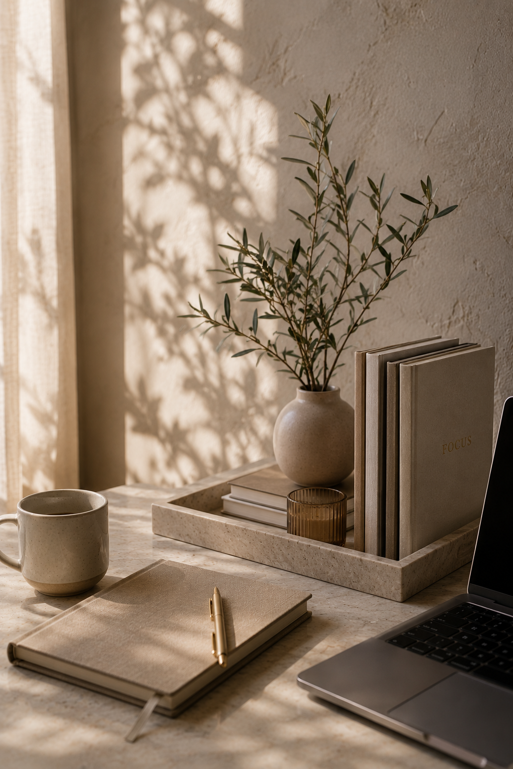 A cozy workspace with a marble desk, open laptop, beige notebook with a gold pen, a beige coffee mug, and a tray holding several books, a small amber glass, and a potted olive branch in a beige vase. Sunlight creates soft shadows on the textured wall.
