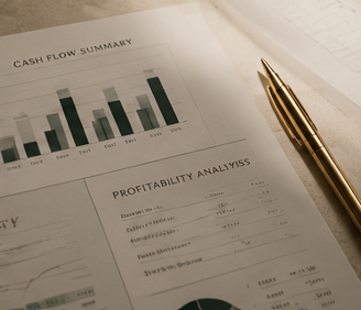 Financial documents including cash flow summary chart and profitability analysis, with a gold pen on top.