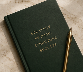 A green hardcover notebook with gold embossed text that reads 'Strategy Systems Structure Success', placed on a beige surface with a gold pen lying on top of it.