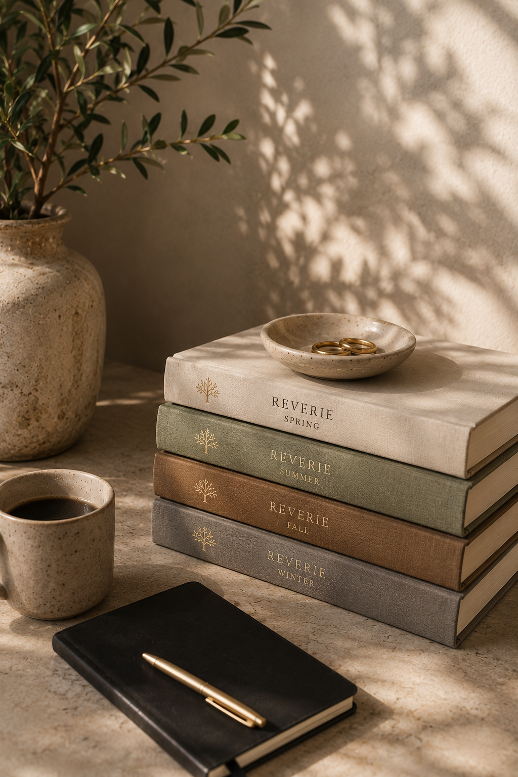 A cozy workspace with a potted plant, coffee, a black notebook with a gold pen, and a stack of five 'Reverie' books labeled for each season. On top of the books, a small ceramic dish holds two gold rings. Shadows of leaves cast patterns on the wall.