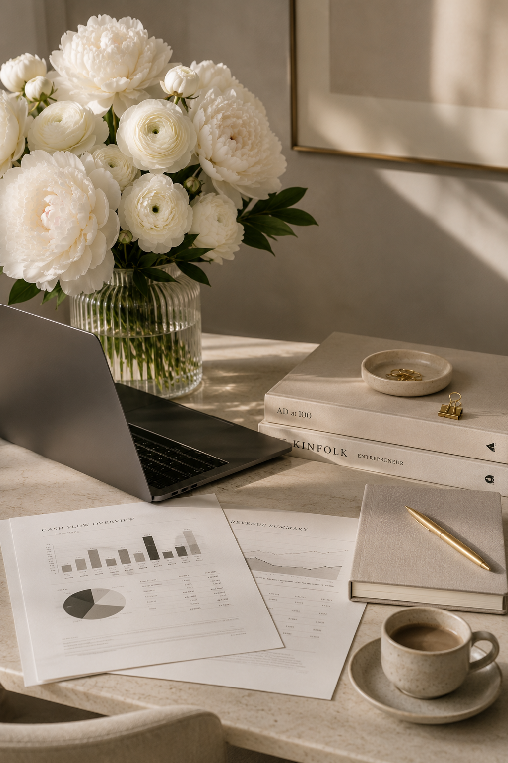 A workspace with a laptop, financial documents, a closed notebook with a pen, a cup of coffee, a white flower bouquet in a glass vase, a jewelry dish with rings, and books titled 'AD at 100' and 'Kinfolk Entrepreneur' on a desk.