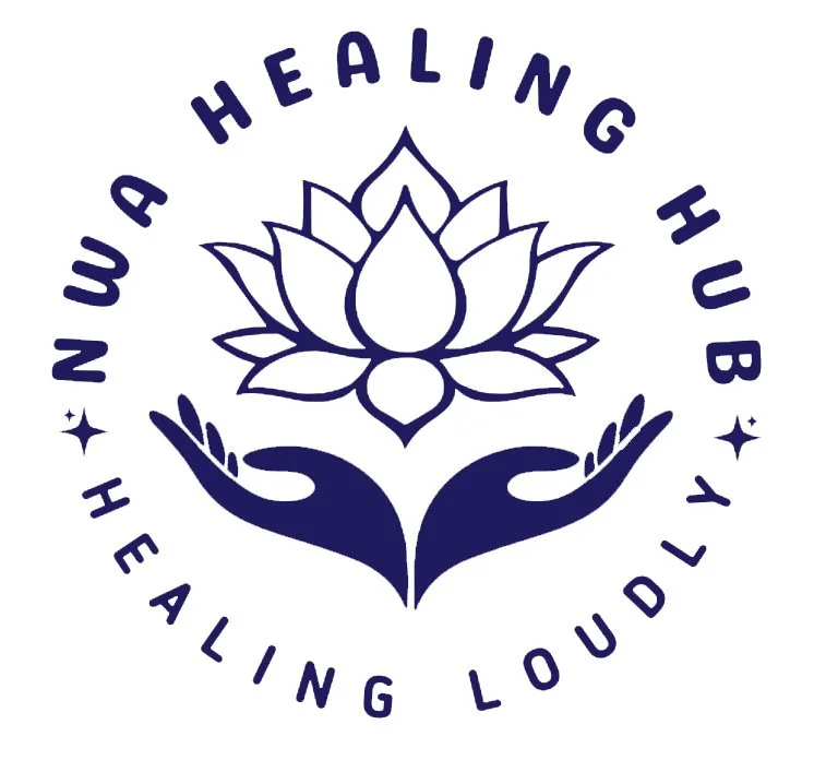 Logo featuring two hands holding a lotus flower with the text 'Nu A Healing Hub' and 'Healing Loudly' surrounding it.