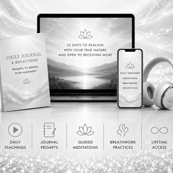 Digital image of wellness products, including a laptop, smartphone, headphones, and a journal, promoting guided meditations, breathwork practices, daily teachings, journal prompts, and lifetime access.