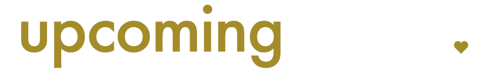 Upcoming events logo in gold and white text on a black background