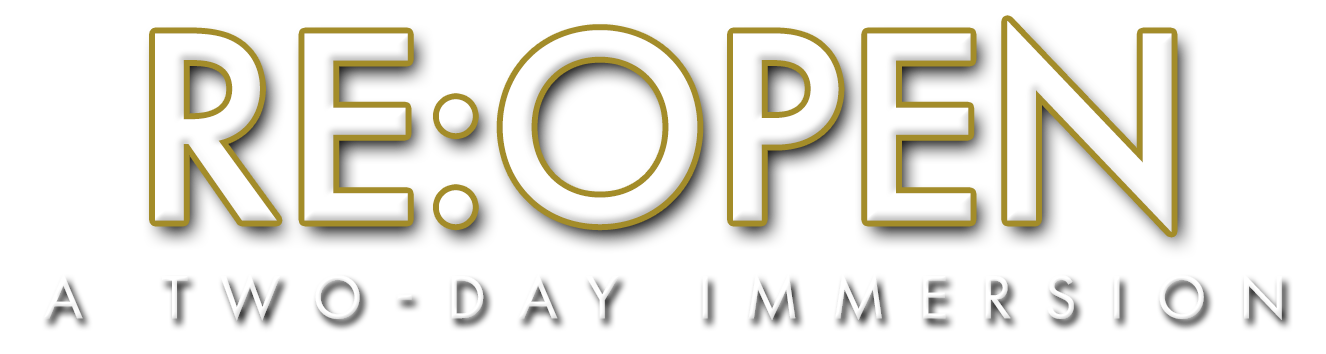 Re:Open Two-Day Immersion logo with stylized text on black background.