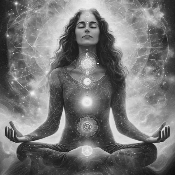 A woman meditating in a yoga pose with her eyes closed, surrounded by spiritual symbols and geometric patterns, in a cosmic background.