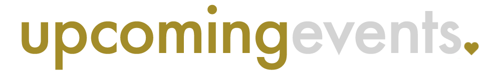 Stylized logo with the words 'upcoming events' in bold letters, with 'upcoming' in gold and 'events' in white, on a transparent background.