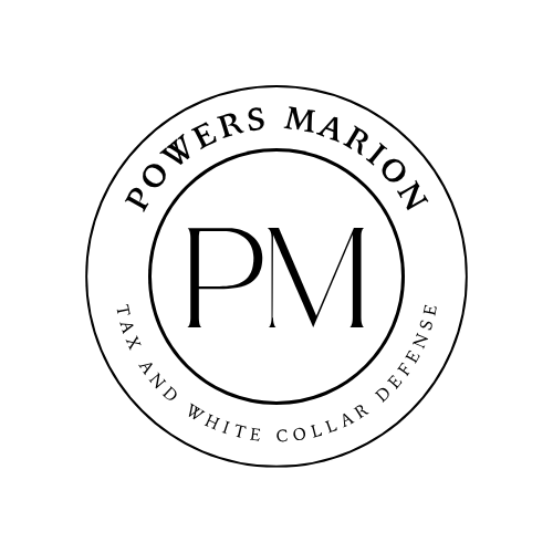 Logo for POWERS MARION with text 'Tax and White Collar Defense' around the circle.