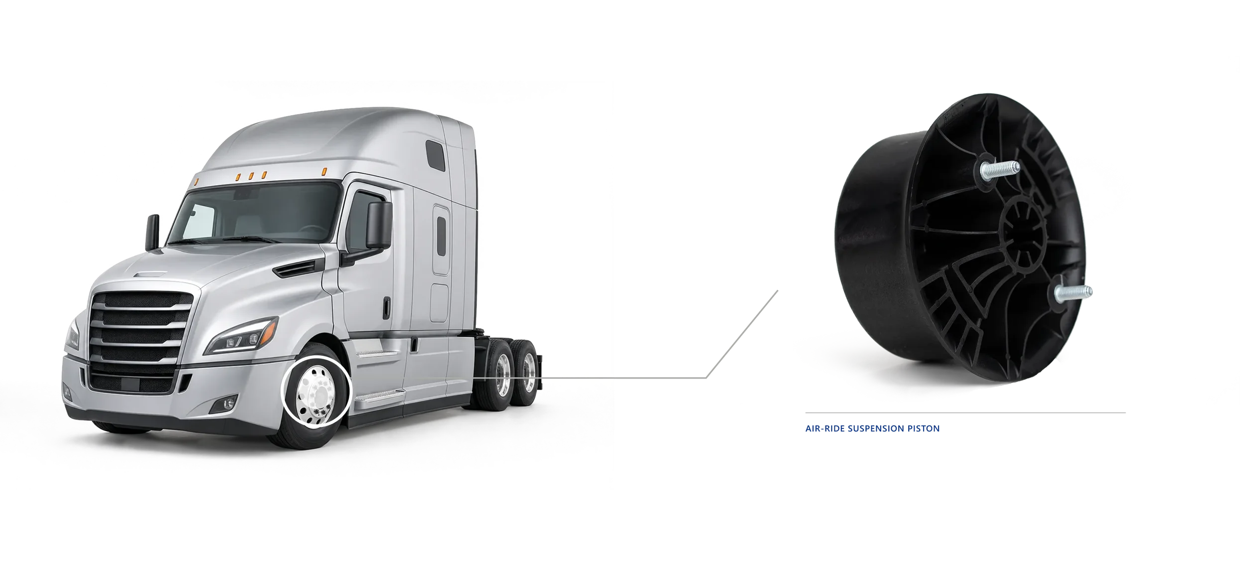 Diagram of a semi-truck showing its wheel and air ride suspension piston.